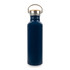 A drink bottle made of recycled aluminium in navy blue, featuring a silver cap and a wooden handle.