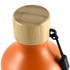 A drink bottle in vibrant orange with a bamboo lid and a black attachment loop. Features a logo.