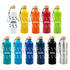 A drink bottle collection featuring various colors with bamboo lids and a logo. Available in white, yellow, orange, red, green, blue, navy, and silver.