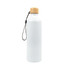 A drink bottle made of aluminium with a sleek white finish and a bamboo lid, featuring a convenient strap.