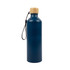 A drink bottle featuring a sleek blue aluminum design with a bamboo lid and a convenient carrying strap.