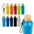 A drink bottle collection featuring various colours, including blue, black, red, and green, with a bamboo lid and a logo.
