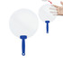 A round, transparent fan with a blue handle, available in two sizes. The larger fan is shown alongside a hand for scale.