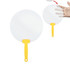 A transparent fan with a yellow handle, featuring a circular design and a small size for easy handling.