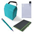 A cooler bag in teal, a transparent drink bottle, a black notebook with a green elastic band, and a blue pen.
