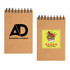 A brown spiral pocket notebook with a logo on one side and a colorful food festival design on the other.