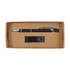 A cardboard gift set featuring a sleek pen and a clip, neatly packaged in a brown box.