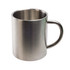 A stainless steel coffee mug with a sleek, brushed finish and a sturdy handle.