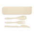 A Delish Eco Cutlery Set featuring a spoon, fork, knife, and carrying case in a light beige colour.