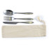 A cutlery set in a calico pouch, including a spoon, fork, and knife. The utensils feature a sleek metallic finish.