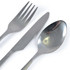 A stainless steel cutlery set featuring a fork, knife, and spoon in a calico pouch.