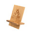 A bamboo phone stand featuring a simple design with a logo, in natural wood tones.