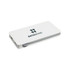 A white wireless power bank with a grey accent and a logo. It features USB ports for charging devices.
