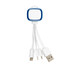 A multi-functional charging cable with three connectors, featuring a blue and white design. It includes a USB port.