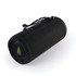 A black and textured cylindrical Bluetooth speaker with a carry strap and a logo on the front.