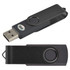 A swivel USB flash drive featuring a sleek black design with a rotating cover and a large button for easy use.