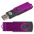 A purple swivel USB flash drive with a black clip and button, featuring a logo.