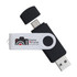 A dual 8GB swivel USB flash drive in black with a white section featuring a logo.