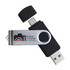 A black and silver swivel USB flash drive with dual connectors and a logo on the side.