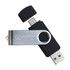 A swivel USB flash drive in black and silver, featuring dual connectors for versatility. Includes a brand logo.