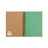 A spiral-bound notebook with a brown cover and a green interior, featuring a recycling logo on the front.