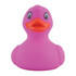 A pink PVC bath duck with a smiling facial expression and orange beak, designed for play and decoration.