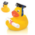 A yellow bath duck wearing a graduation cap and holding a rolled diploma, featuring a logo on the back.