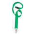 A vibrant green woven lanyard with a metal clip and a plastic buckle is displayed.