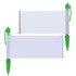 A plastic pen with a green grip and a double-sided banner display for custom designs.