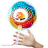 A colorful fan with a transparent handle, featuring a swirling design and a playful graphic in the center.