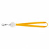 A yellow lanyard cable with a metal clip and a retractable reel, featuring a circular base.