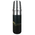A drink bottle with a sleek black exterior and a silver metal top, featuring a logo design.