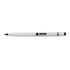 A white aluminium inkless pen with a silver tip and a logo on the barrel.