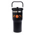 A drink bottle featuring a black design with a silver band and a handle, including a logo.