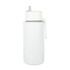 A drink bottle in white, featuring a flip-top lid and a strap. It has a logo on the surface.