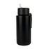 A drink bottle in matte black with a straw lid and attached carrying handle, featuring branding.