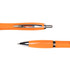 An orange metal pen with a chrome clip and tip, displayed from two angles. Features a branding logo.