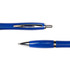A blue metal pen featuring a shiny silver clip and tip, with a sleek design. It has a logo on the side.