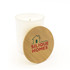 A medium glass candle with a wooden lid, featuring a logo, placed inside a white container.