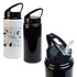 A drink bottle featuring a flip straw lid, available in white with graphics and black, in a sleek design.