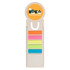 A bookmark shaped like a milk carton, featuring multicolored sticky notes and a circular logo at the top.