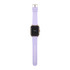 A smart watch with a square face and a light purple silicone strap displaying the word "hello" on the screen.