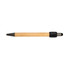 A bamboo pen with a black tip and cap, featuring a logo.