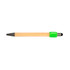 A bamboo pen with a black tip and a bright green ergonomic grip, featuring a logo.