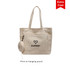 A cream canvas tote bag with long handles and a small attached pouch. It features a logo.
