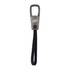 A grey carabiner cable with a black strap, featuring a logo on the front.