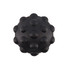 A black spherical toy featuring raised bumps on its surface, designed for tactile interaction. It has a branding logo.