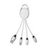 A charging cable with a white and silver design, featuring multiple connectors including USB, micro USB, and Lightning.