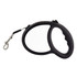 A retractable dog lead in black, featuring a curved handle and metal clip for attachment. It has a logo on the side.