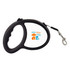 A retractable lead in black with a handle and a clip for attaching to a pet's collar. Features a logo.